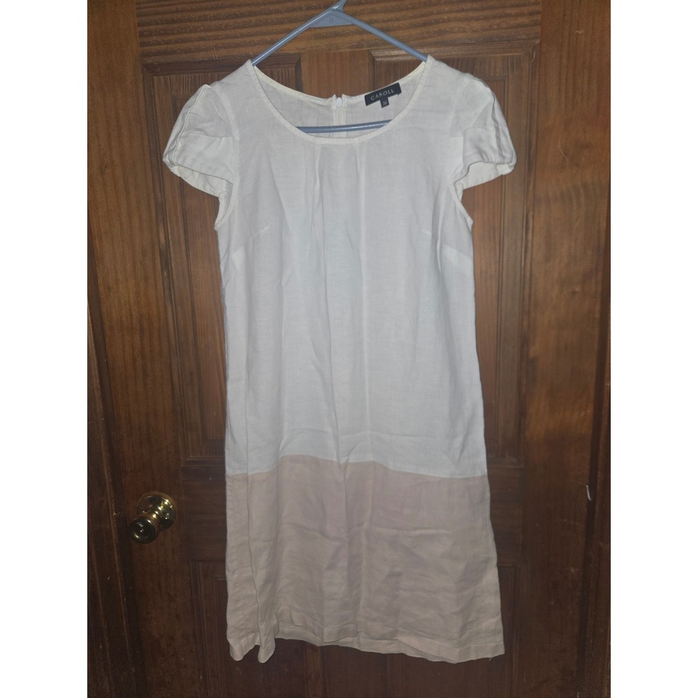 Caroll Paris Women White Tan Colorblock 100% Linen Short Sleeve Shift Dress 36